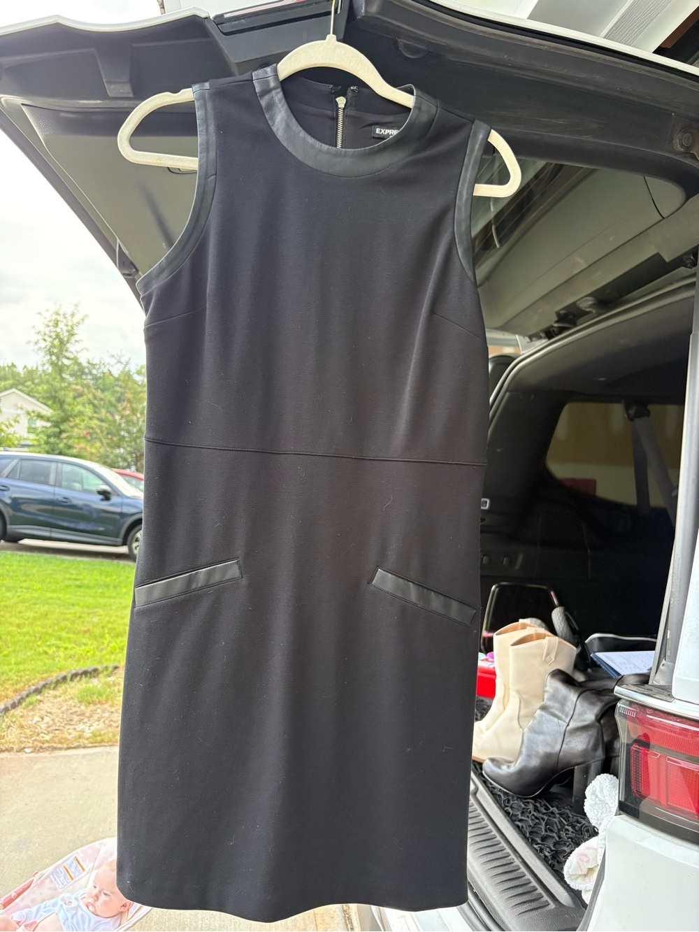 Express Black Sleeveless Shift Dress with Faux-Leather Trim